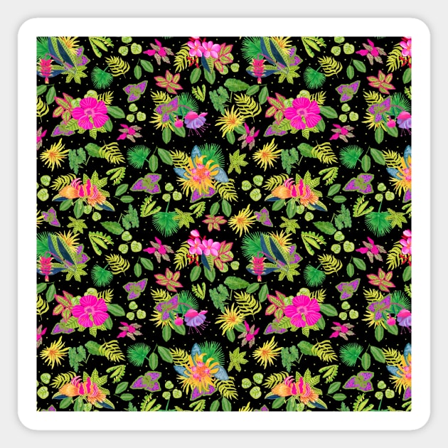 Tropical Flowers on Black Backgroud Sticker by MarcyBrennanArt